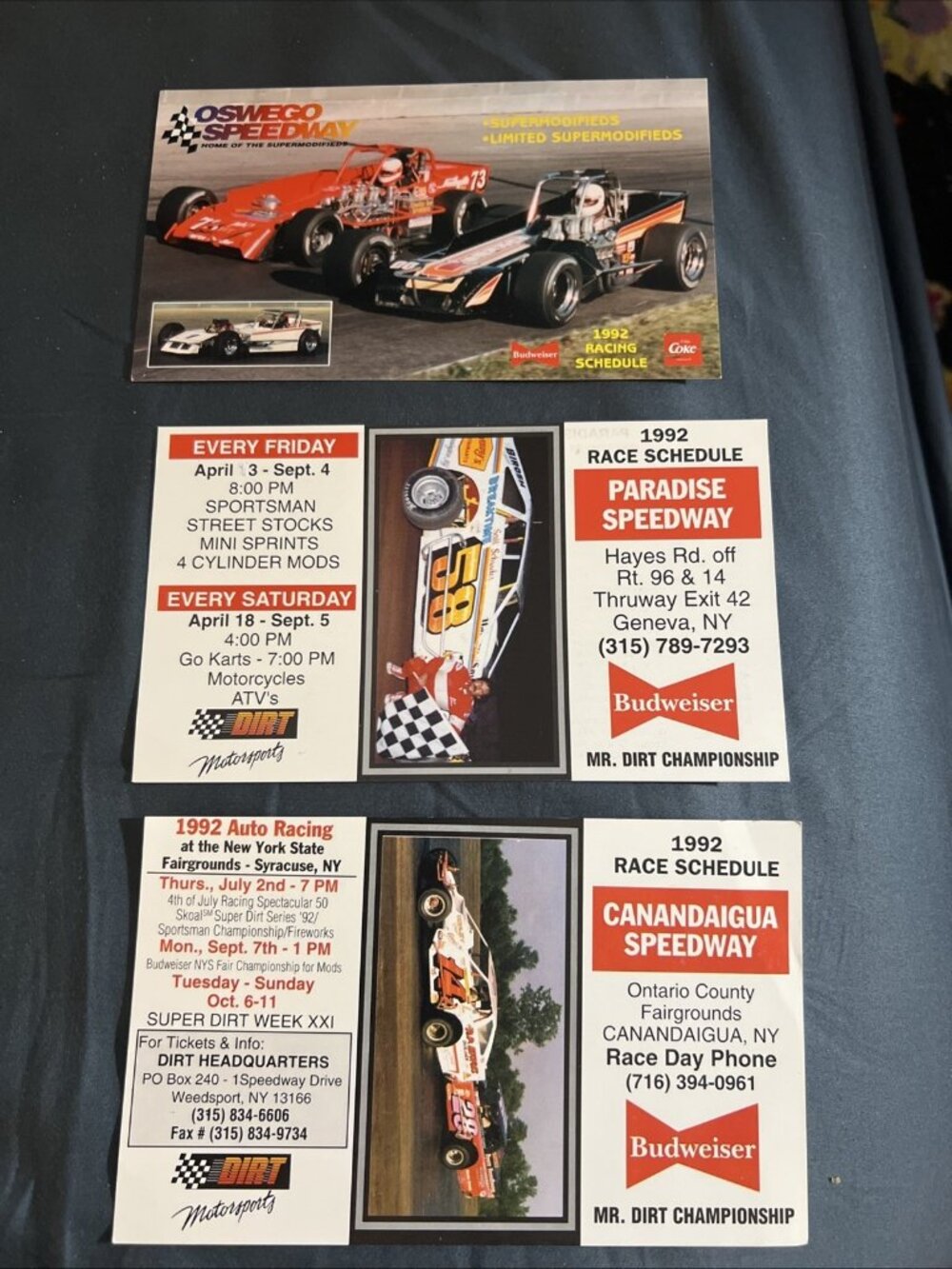 1992 Lot Of 3 Speedway Supermodified Schedule Cards Oswego Paradise &Canandaigua